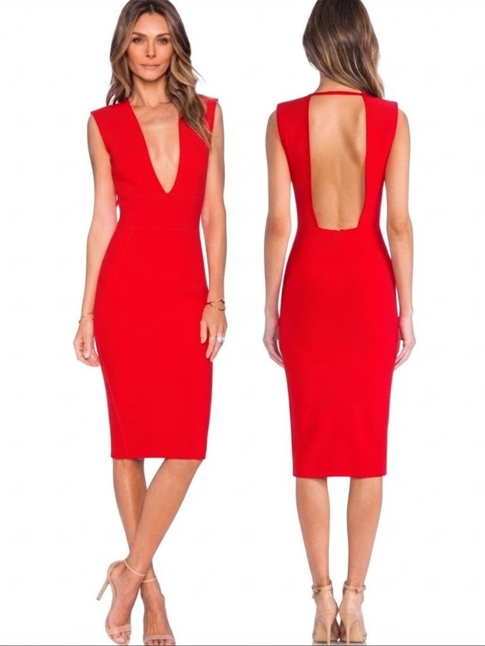 SOLACE LONDON Grace Plunging V-neck Midi Pencil Dress - Size 2